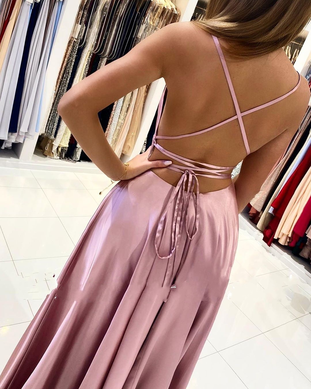 Simple Long A-line Spaghetti Straps Backless Floor-length Prom Dresses with Slit - YESBABYONLINE