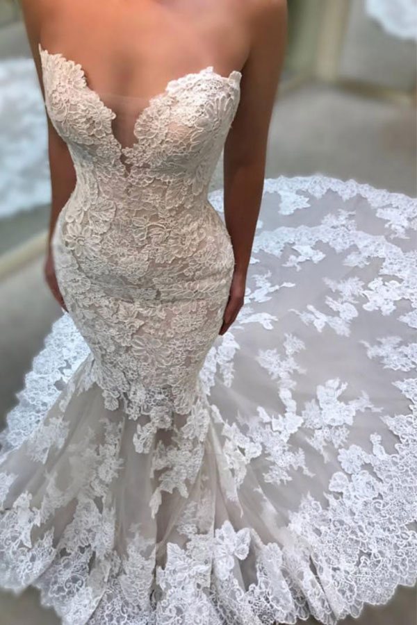 Glamorous Long Mermaid Sweetheart Tulle Lace Wedding Dresses - YESBABYONLINE