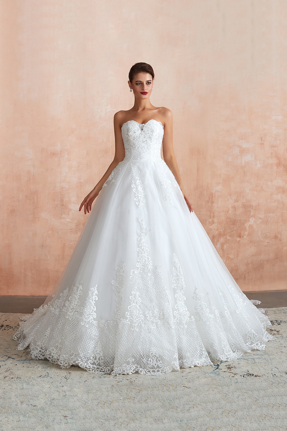 Long Ball Gown Sweetheart Floor Length Tulle Lace Wedding Dresses - YESBABYONLINE