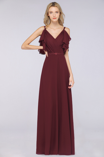 Long A Line V Neck Straps Sleeveless Ruffles Floor Length Backless Bridesmaid Dress - YESBABYONLINE