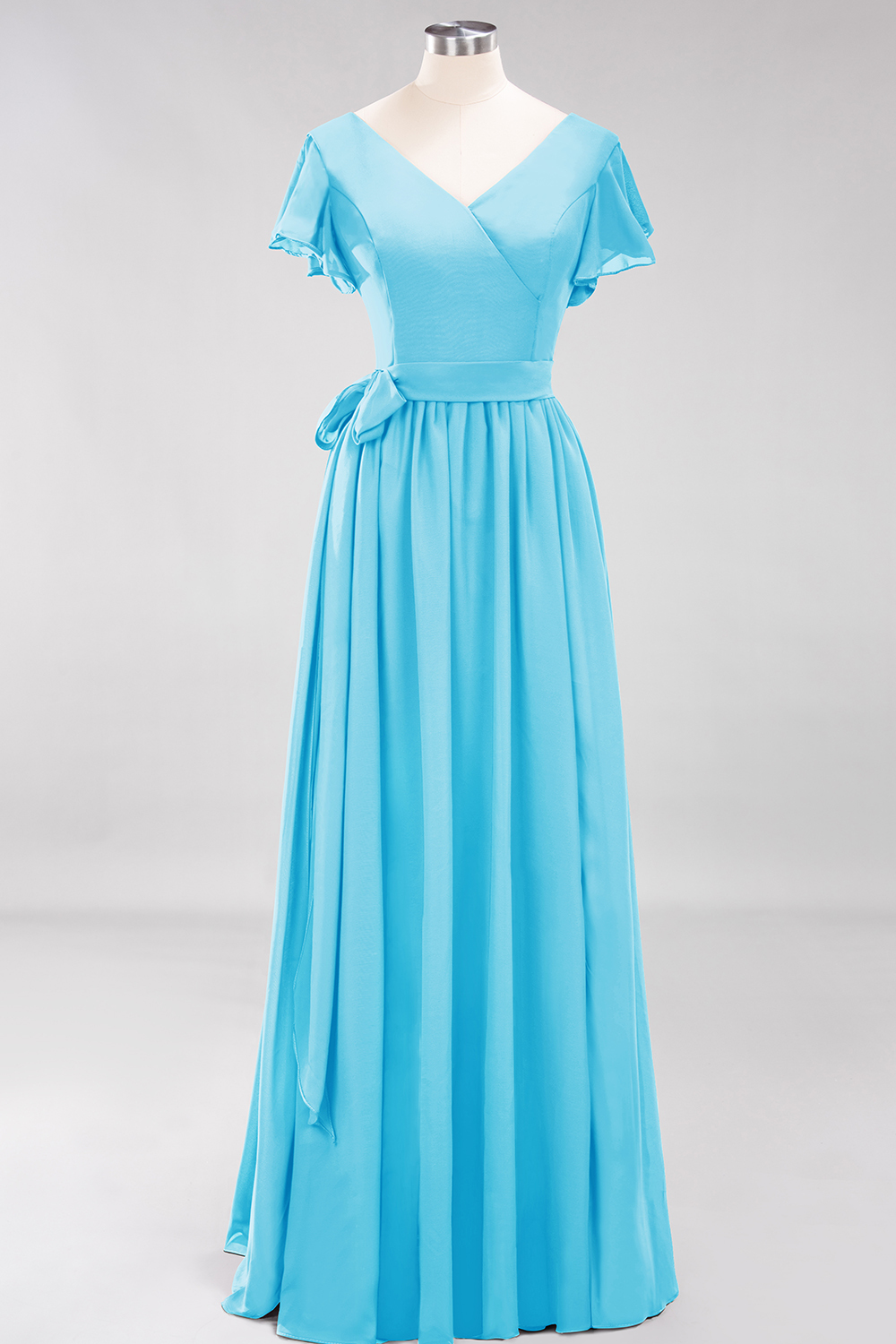 Elegant A-line V-Neck Short Sleeves Floor-Length Bridesmaid Dresses with Bow Sash - YESBABYONLINE