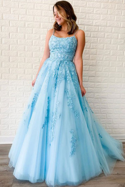 Elegant Long A-line Spaghetti Strap Strapless Backless Applique Lace Prom Dresses - YESBABYONLINE