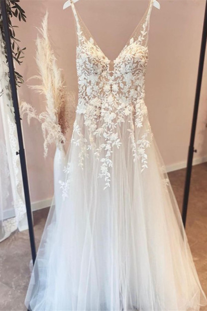 Long Spaghetti Straps V-neck A-Line Floor-length Wedding Dress With Appliques Lace - YESBABYONLINE