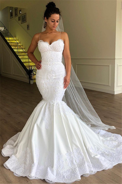 Gorgeous Long Mermaid Spaghetti Straps Sleeveless Lace Satin Wedding Dress - YESBABYONLINE