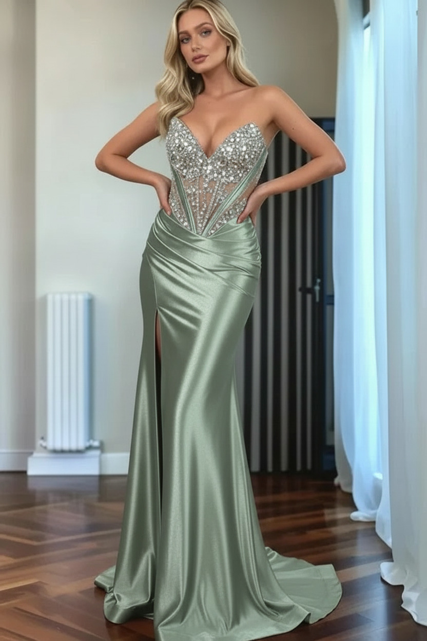 Mermaid Sweep Train Sweetheart Strapless Long Satin Prom Dresses With Rhinestones