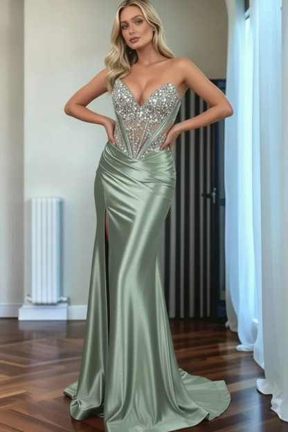 Mermaid Sweep Train Sweetheart Strapless Long Satin Prom Dresses With Rhinestones