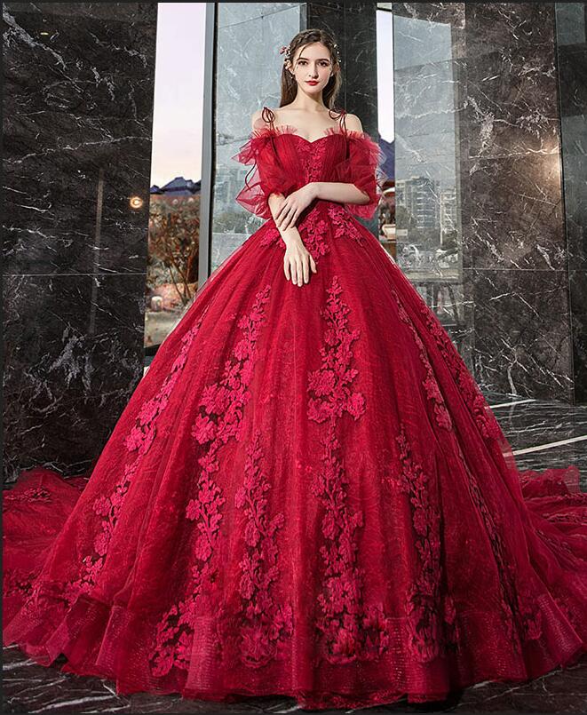 Luxury Burgundy Long Off The Shoulder Tulle Appliques Lace Ball Gown Prom Dresses - YESBABYONLINE
