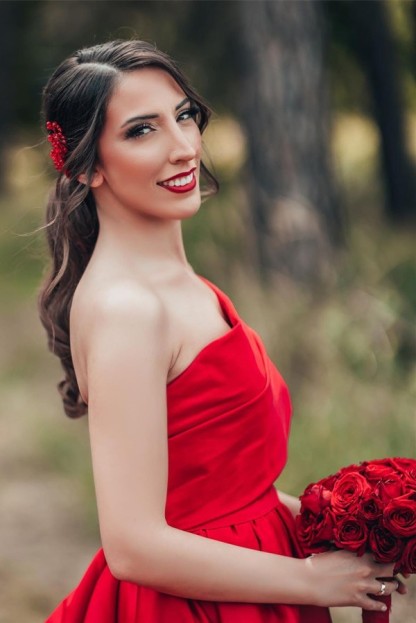 Charming Red Long A-Line One Shoulder Satin Wedding Dress with Ruffles - YESBABYONLINE