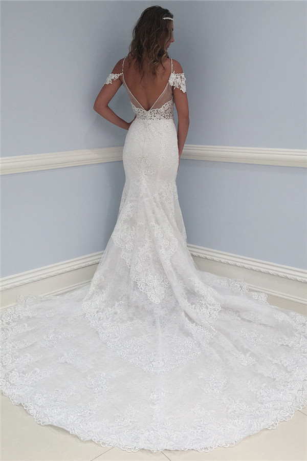 Stunning Long Mermaid Sweetheart Lace Open Back Wedding Dresses - YESBABYONLINE