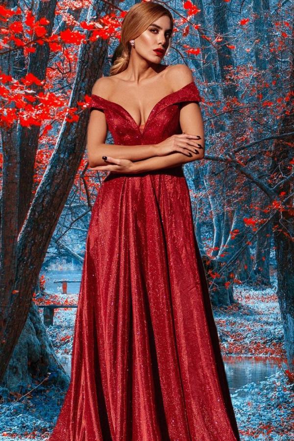 Stunning Long A-line Off-the-shoulder Backless Floor-length Ruffles Sequins Prom Dress - YESBABYONLINE