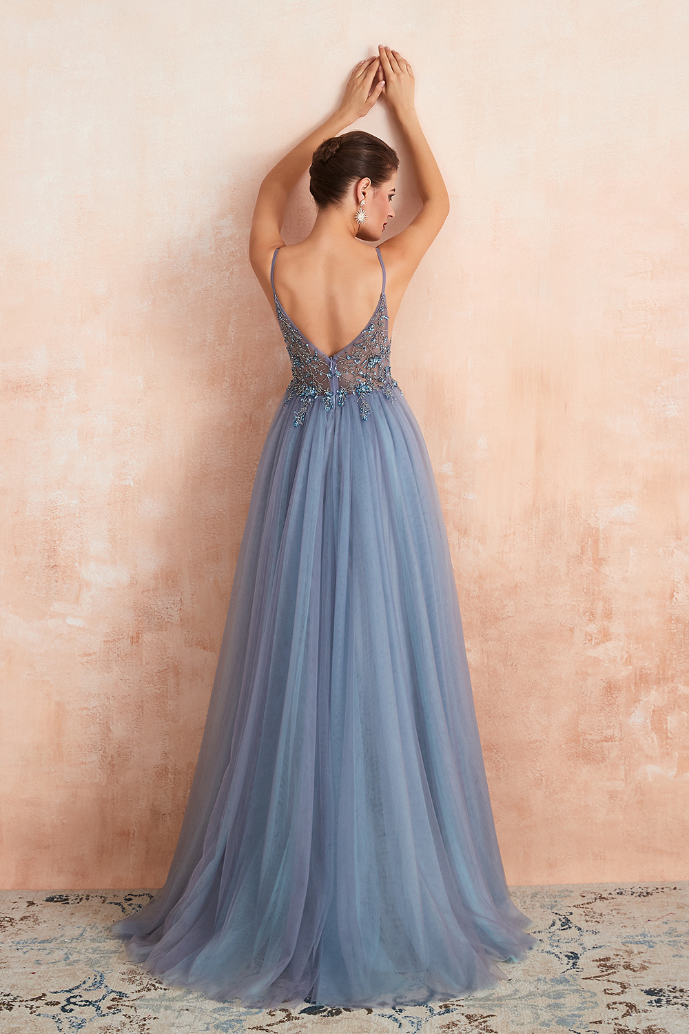 Long A-line Spaghetti Straps V-neck Tulle Backless Prom Dresses with Side Slit - YESBABYONLINE