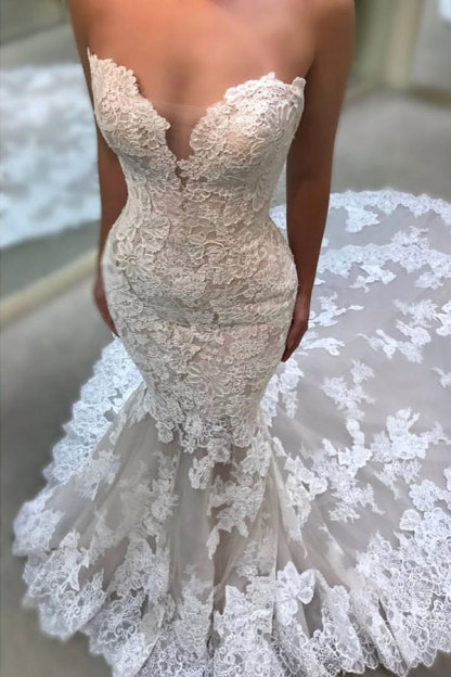 Glamorous Long Mermaid Sweetheart Tulle Lace Wedding Dresses - YESBABYONLINE