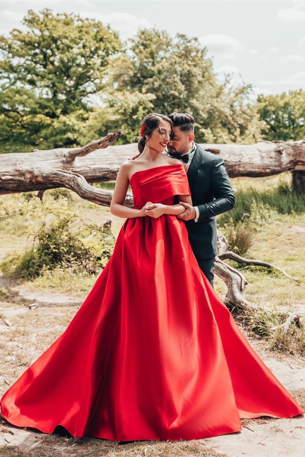 Charming Red Long A-Line One Shoulder Satin Wedding Dress with Ruffles - YESBABYONLINE