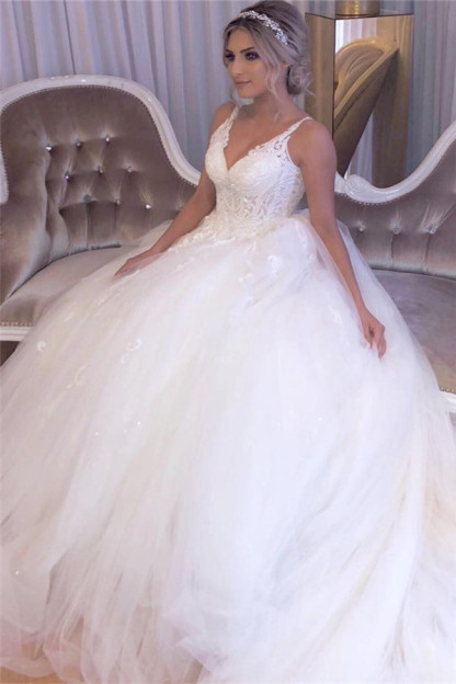 Glamorous White Long V-neck Ball Gown Lace Tulle Backless Wedding Dresses - YESBABYONLINE