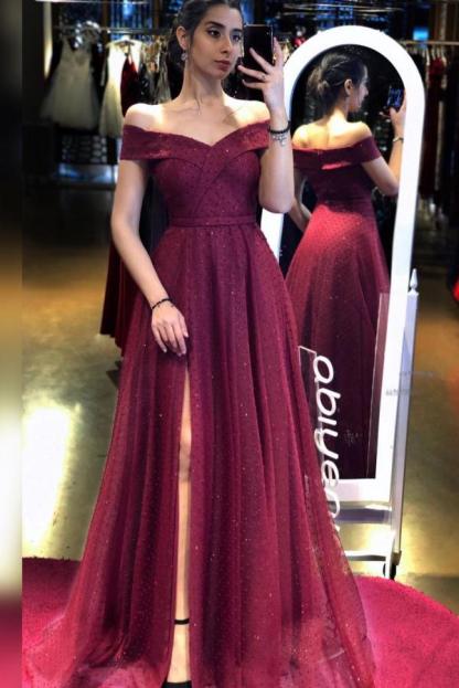 Off The Shoulder Tulle Burgundy Sequins Ruffles Split Prom Dresses - YESBABYONLINE