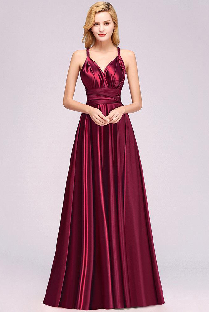 Elegant Long Burgundy Satin One Shoulder Bridesmaid Dresses - YESBABYONLINE
