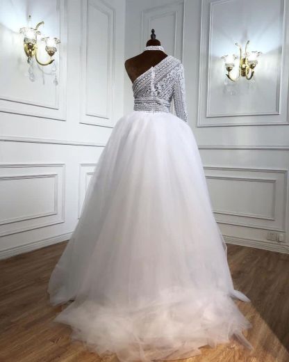 Stylish Long A-line One Shoulder Tulle Lace Prom Dress with Sleeves - YESBABYONLINE