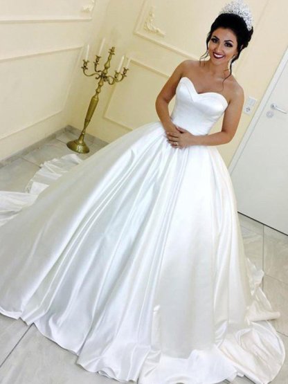 White Long Ball Gown Sweetheart Satin Sleeveless Wedding Dresses - YESBABYONLINE