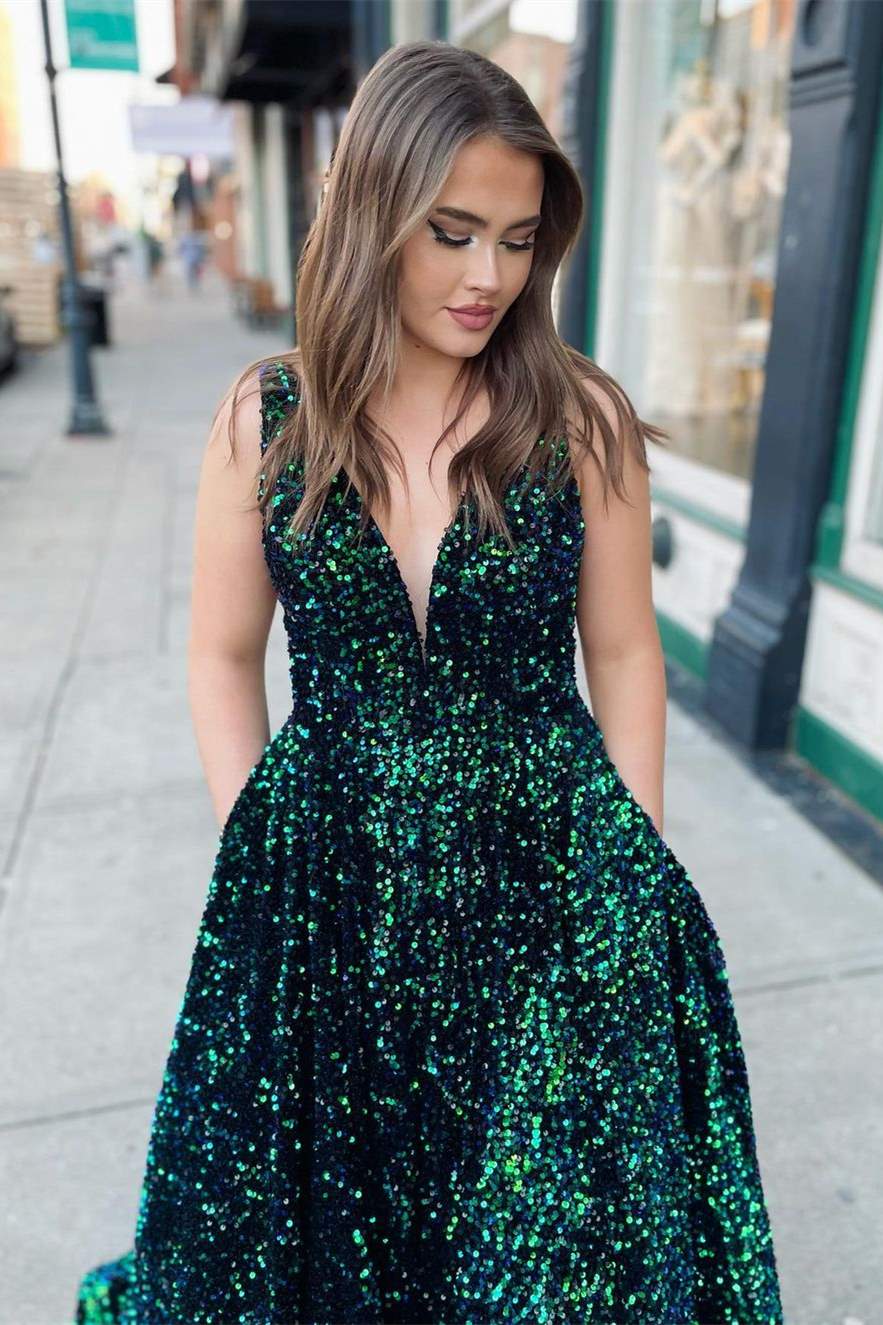 Sparkel Dark Green Sequins Long Prom Dress with Pockets