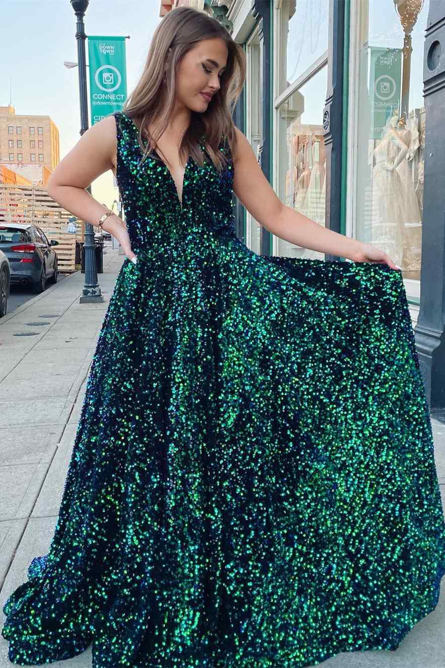 Sparkel Dark Green Sequins Long Prom Dress with Pockets  YESBABYONLINE