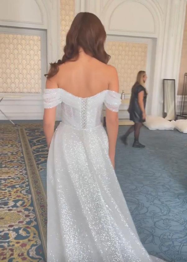 Sparkly Long Mermaid Off The Shoulder Sequins Wedding Dress With Detachable Train