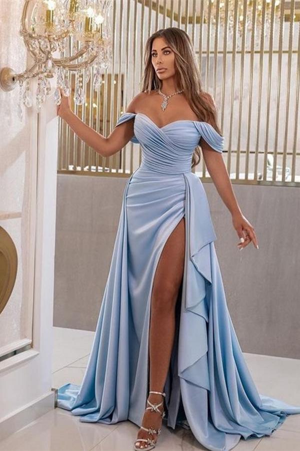 Long Off the Shoulder A-Line Sleeveless V-Neck Satin Prom Dresses with Slit - YESBABYONLINE