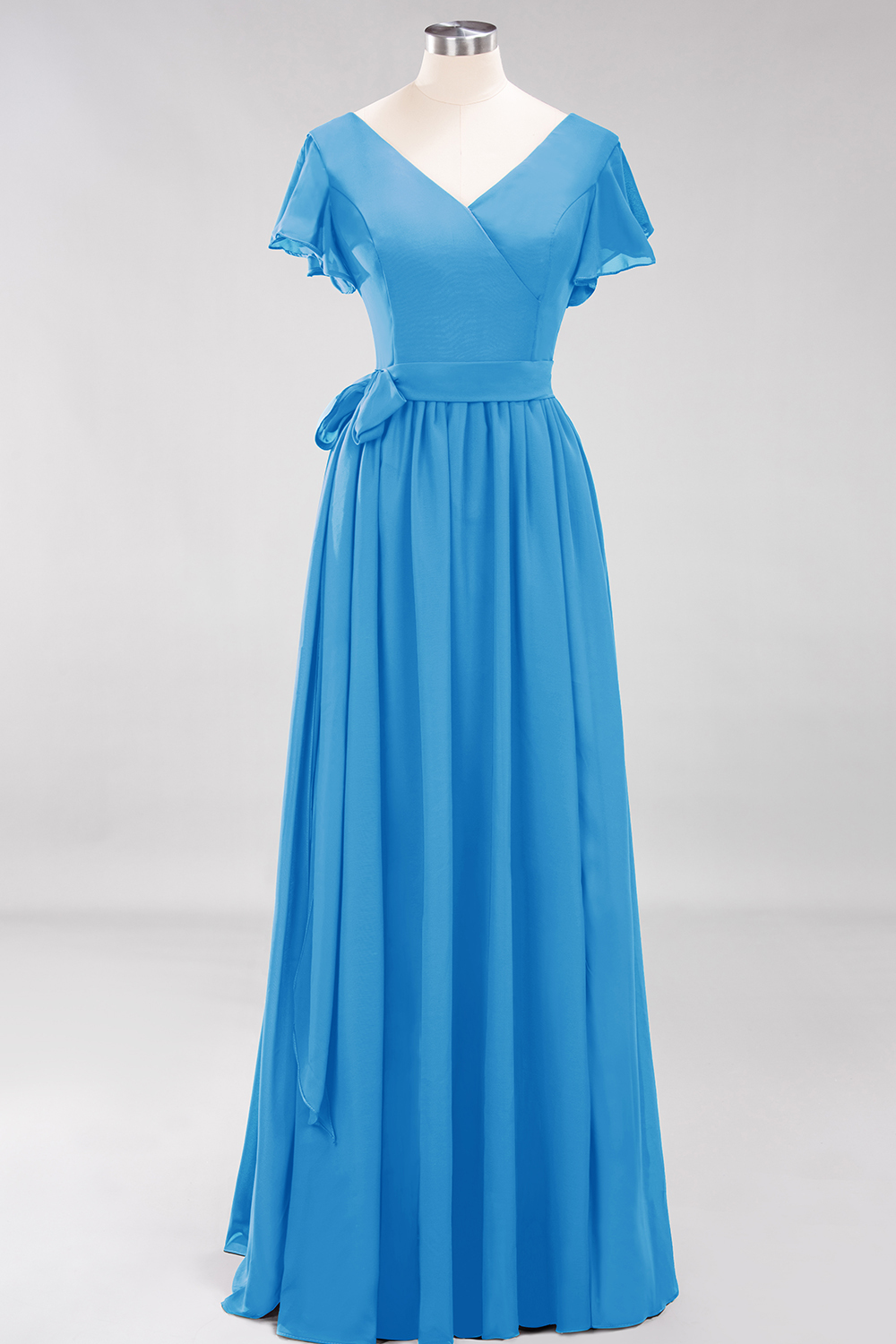 Elegant A-line V-Neck Short Sleeves Floor-Length Bridesmaid Dresses with Bow Sash - YESBABYONLINE