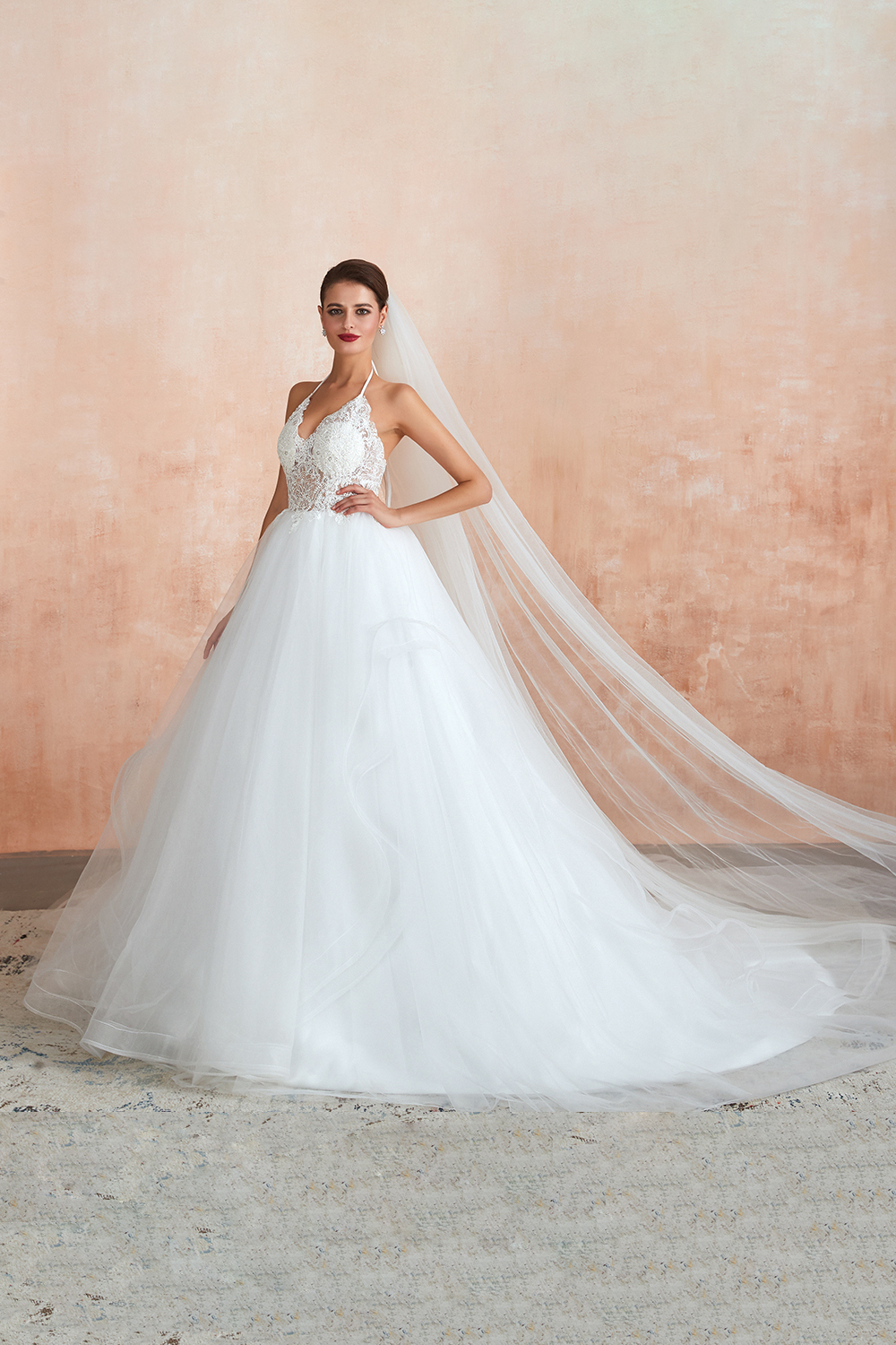 Long Ball Gown Halter Backless Tulle Lace Wedding Dresses - YESBABYONLINE