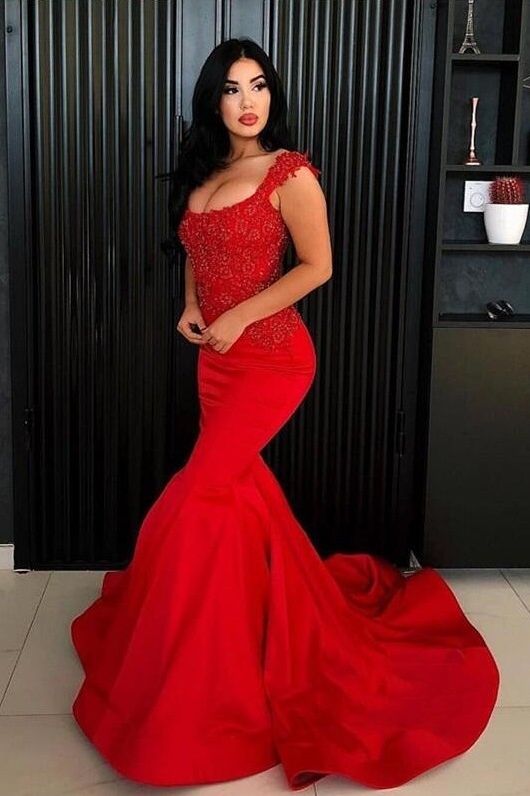 Sexy Red Long Mermaid Straps Satin Prom Dress with Lace Appliques - YESBABYONLINE