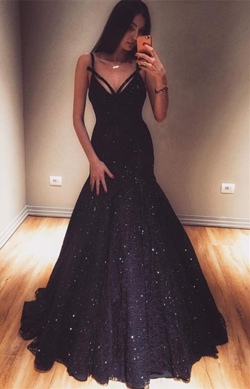 Fashion Long Sequined Spaghetti Straps Sleeveless Mermaid Floor-Length Prom Dress - YESBABYONLINE