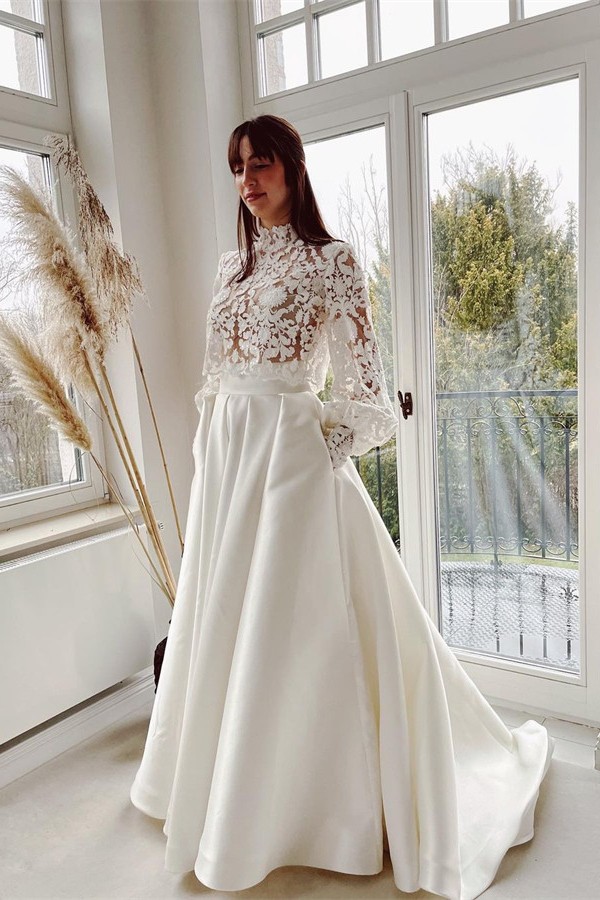 Long Sleeves High Neck A Line Satin Appliques Lace Wedding Dress with Pockets - YESBABYONLINE