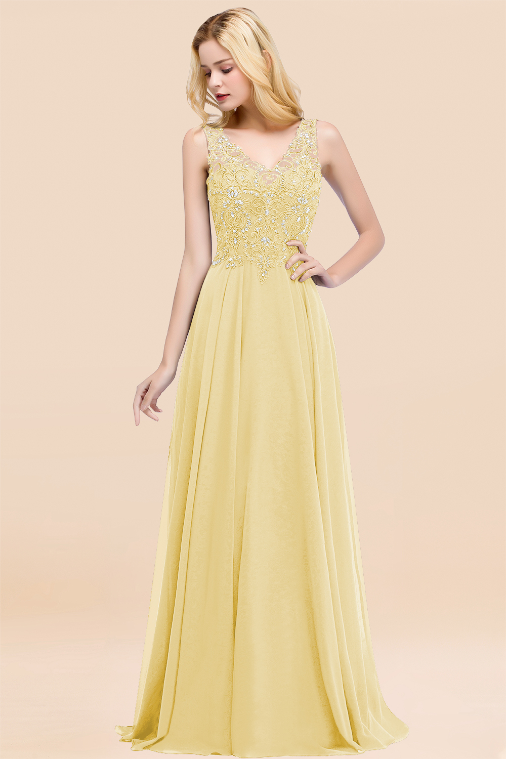 Long A-line Straps V Neck Applique Lace Floor Length Chiffon Bridesmaid Dresses - YESBABYONLINE