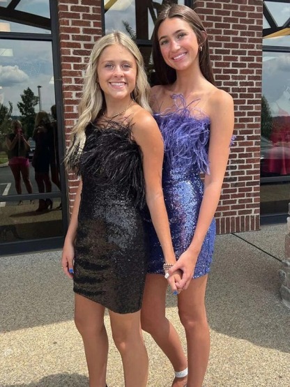 Elegant Short Sheath Sequins Feathers Strapless Sleeveless Prom Dresses - YESBABYONLINE