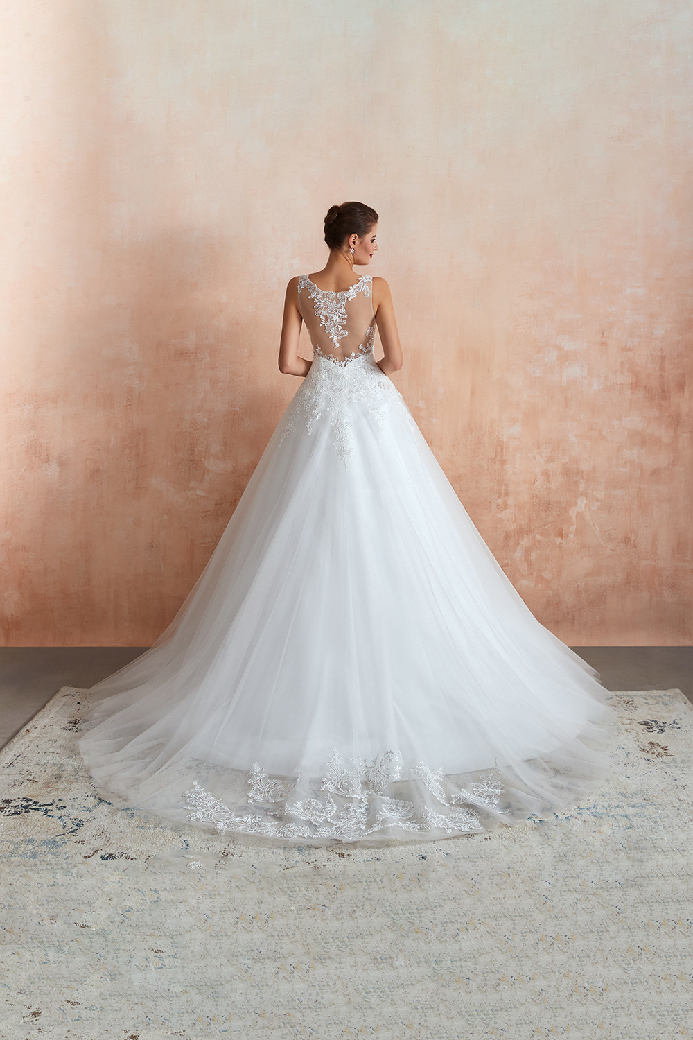 Long A-line V-neck Floor Length Lace Tulle Wedding Dresses - YESBABYONLINE