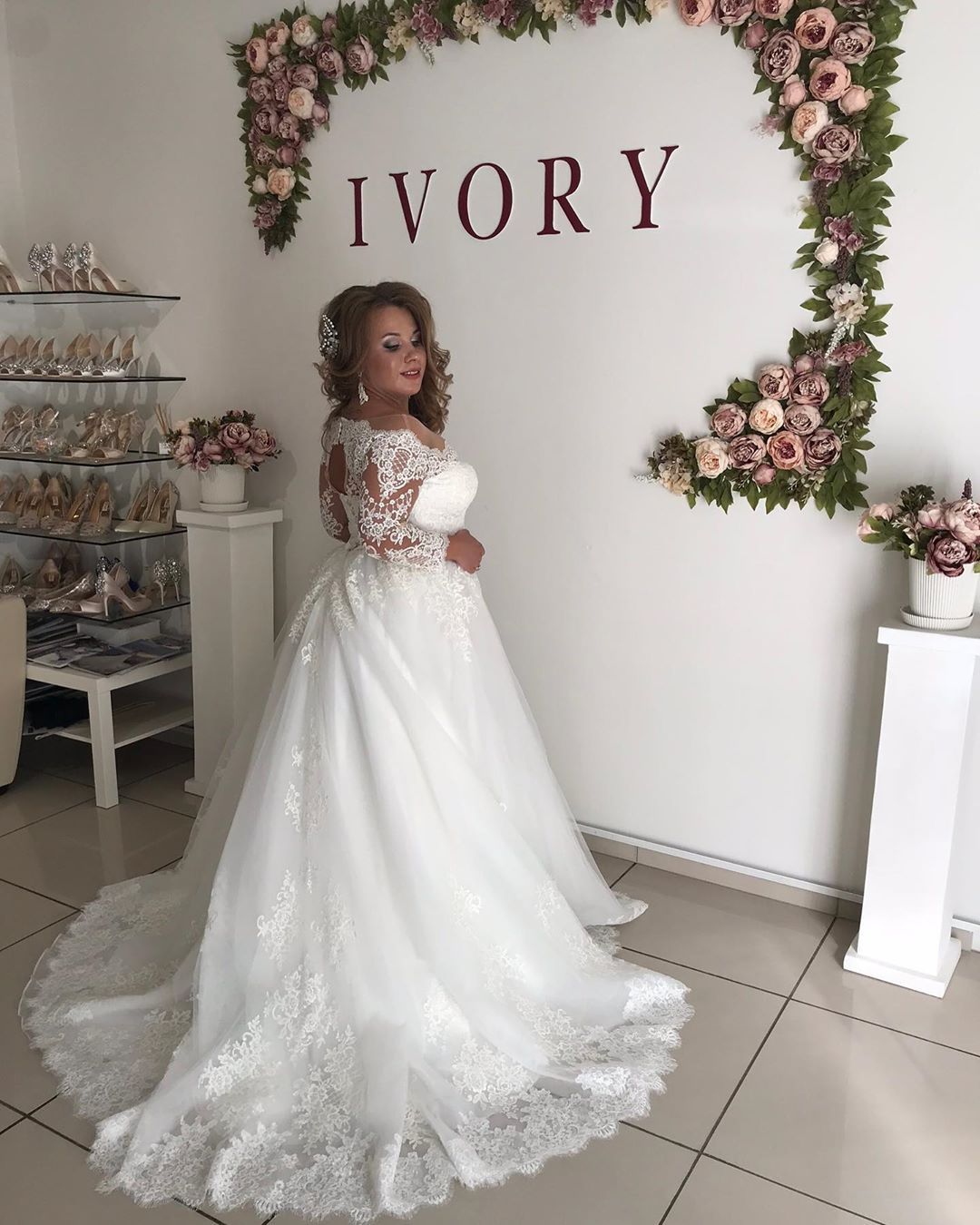 Long Sleeves Off The Shoulder A Line Tulle Lace Wedding Dresses - YESBABYONLINE