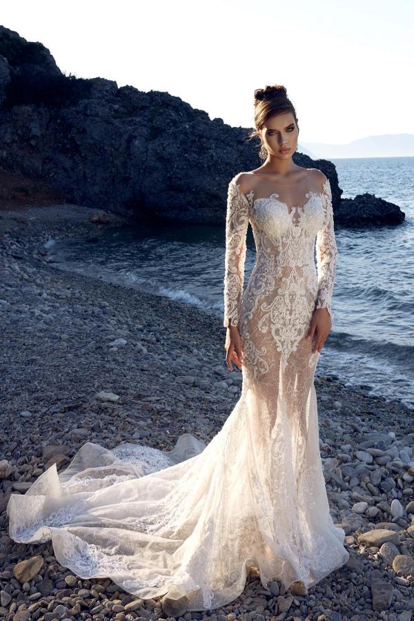 Long Sleeves Mermaid Sweetheart Tulle Wedding Dresses with Appliques Lace - YESBABYONLINE