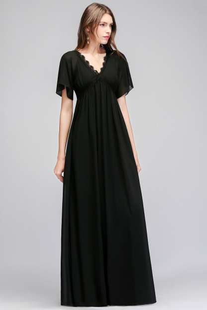 Long Black A-line V-Neck Floor-Length Chiffon Bridesmaid Dresses with Sleeves - YESBABYONLINE