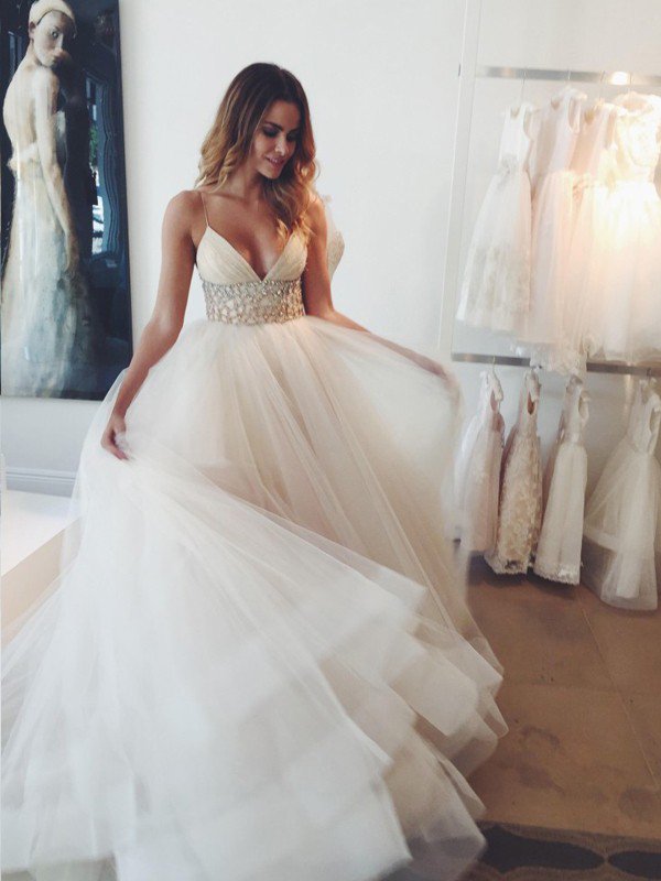 Long Ball Gown Spaghetti Straps Sleeveless V-neck Tulle Wedding Dresses - YESBABYONLINE