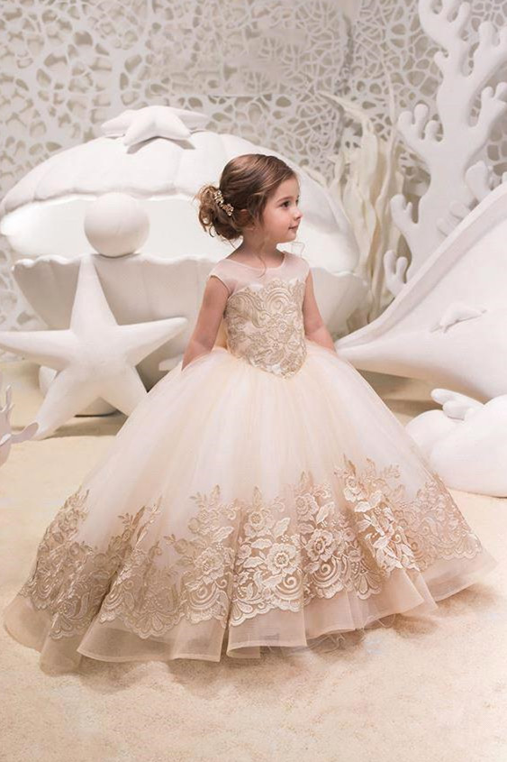 Sweet Long Ball Gown Scoop Lace Applique Flower Girl Dresses with Bow - YESBABYONLINE