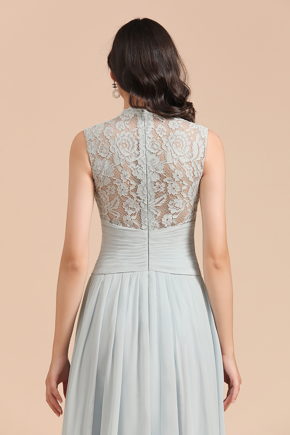 Long A-line High Neck Chiffon Lace Floor Length Bridesmaid Dresses - YESBABYONLINE