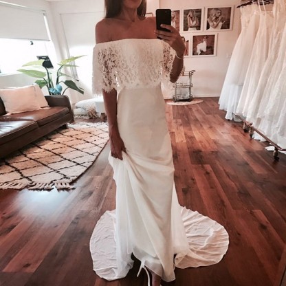 Chic Long A-line Off-the-Shoulder Chiffon Lace Wedding Dresses - YESBABYONLINE