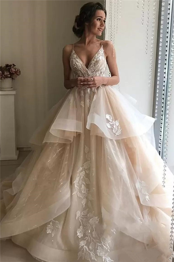 Long A-line V-neck Spaghetti Strap Sleeveless Backless Wedding Dresses - YESBABYONLINE