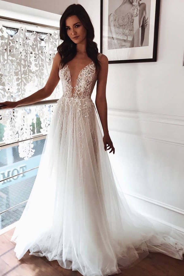 Beach Long Straps V Neck Applique Lace Tulle A Line Wedding Dresses - YESBABYONLINE