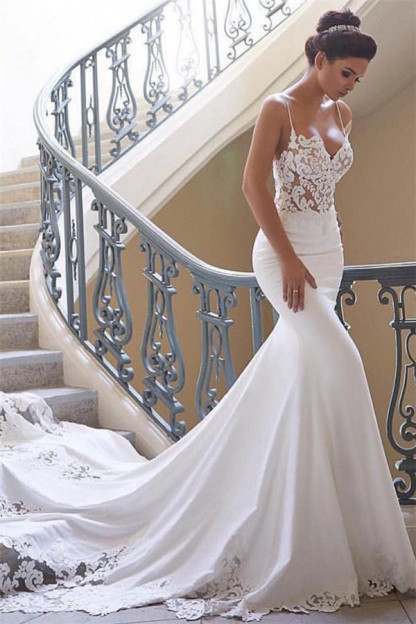Sexy Long Mermaid Chiffon Lace Spaghetti Strap Backless Wedding Dress - YESBABYONLINE