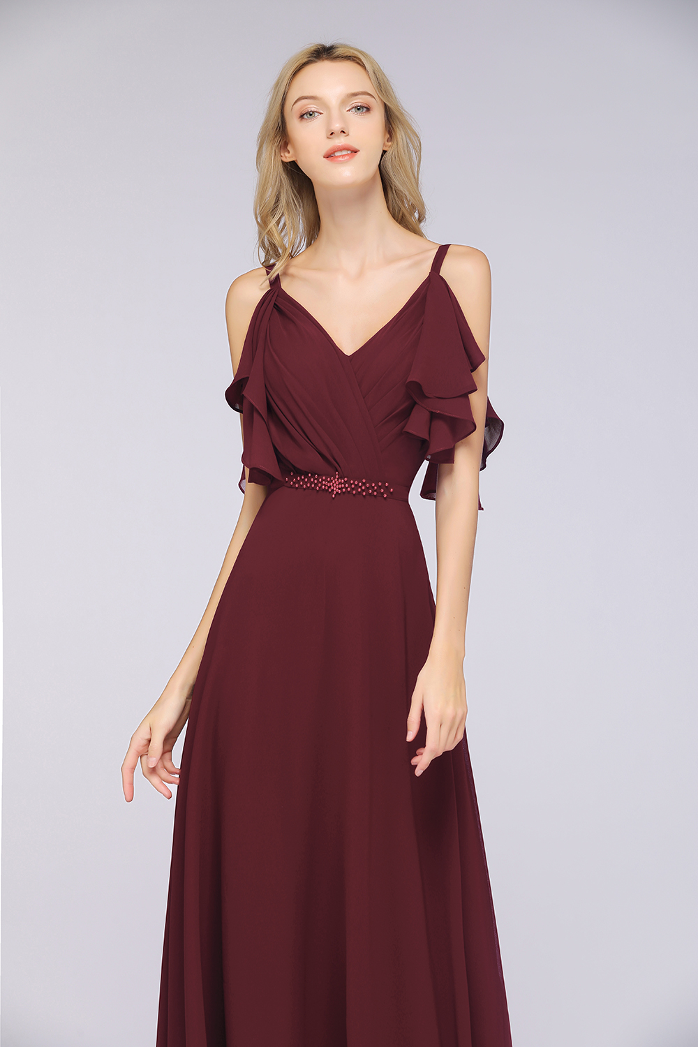Long A Line V Neck Straps Sleeveless Ruffles Floor Length Backless Bridesmaid Dress - YESBABYONLINE