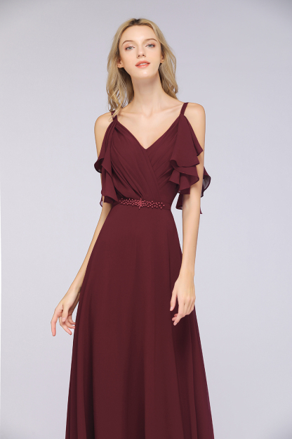 Long A Line V Neck Straps Sleeveless Ruffles Floor Length Backless Bridesmaid Dress - YESBABYONLINE