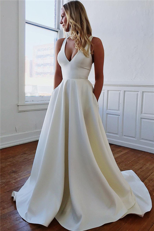 Modern Long A-line V-neck Satin Backless Wedding Dresses-YESBABYONLINE
