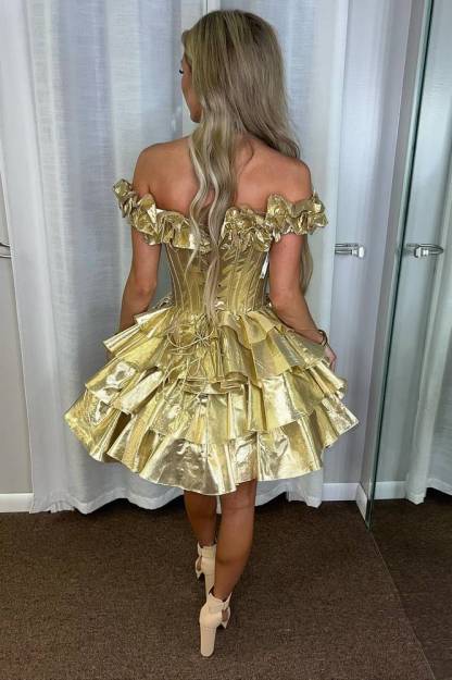 Gold Metallic Homecoming Dress Off the Shoulder Ruffle