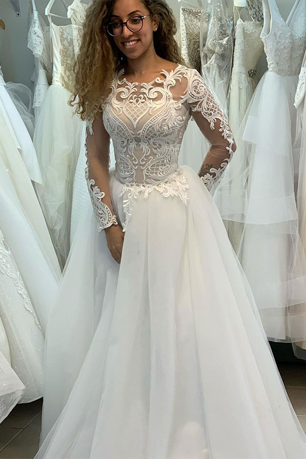 Elegant Long Sleeves Bateau A-line Floor length Tulle Lace Wedding Dresses - YESBABYONLINE