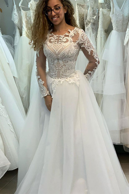 Elegant Long Sleeves Bateau A-line Floor length Tulle Lace Wedding Dresses - YESBABYONLINE